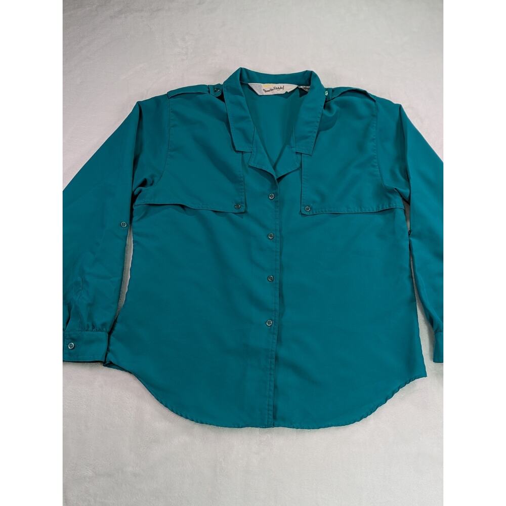 Dianne Von Furstenberg Size 12 Teal Green Safari Style Button Up Blouse VTG 80's - Picture 6 of 16
